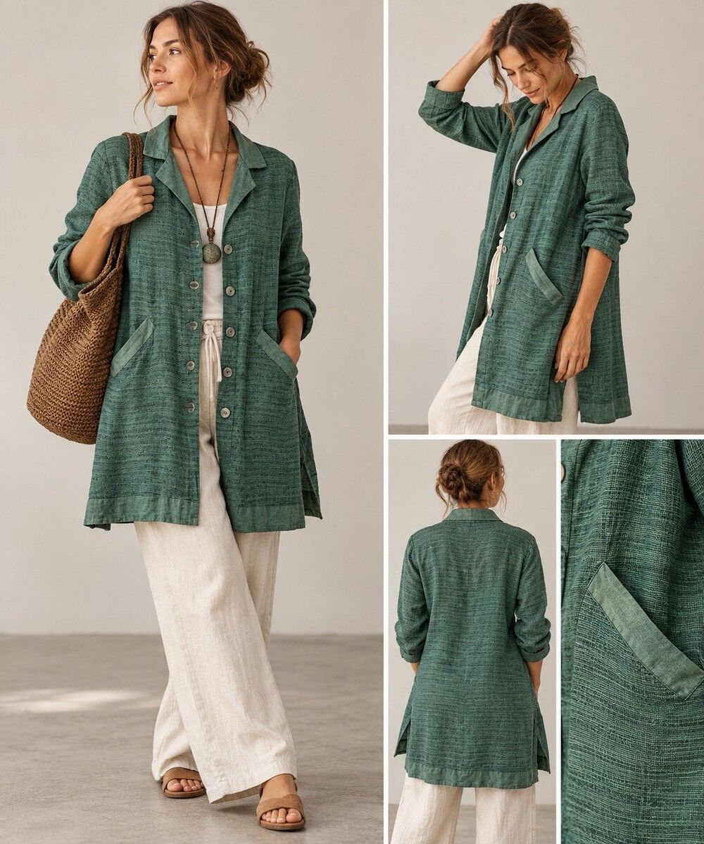 FLAX 100% Linen Green Long Jacket S Lagenlook Artsy Boho Tunic Duster Cardigan